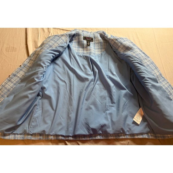 C Wonder Christian Siriano Blue Plaid Tweed Jacket Tan Trim Gold Button Large - Picture 6 of 7